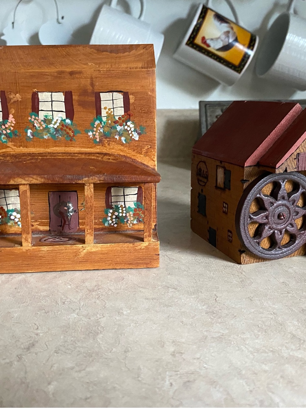 Vintage Primitive Wooden Miniature House & Watermill Shelf Sitters Handcrafted